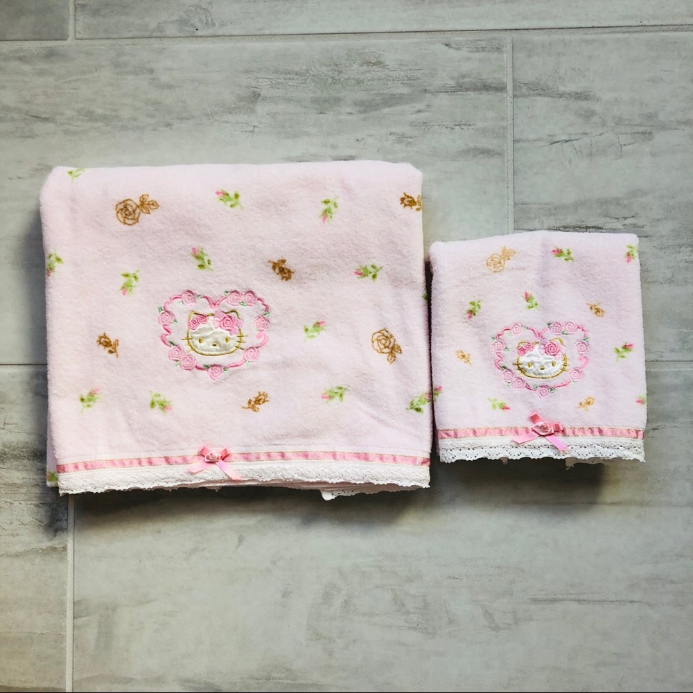 Hello Kitty Bath and Hand Towel Set Pink Rose Buds